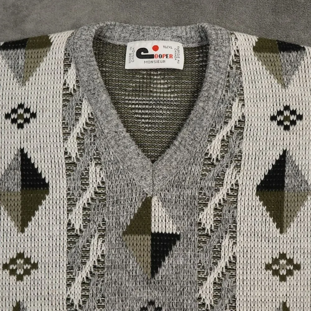 Vtg Cooper Sweater Mens Extra Large‎ White Gray Geoetric Wool Canada Birds Eye